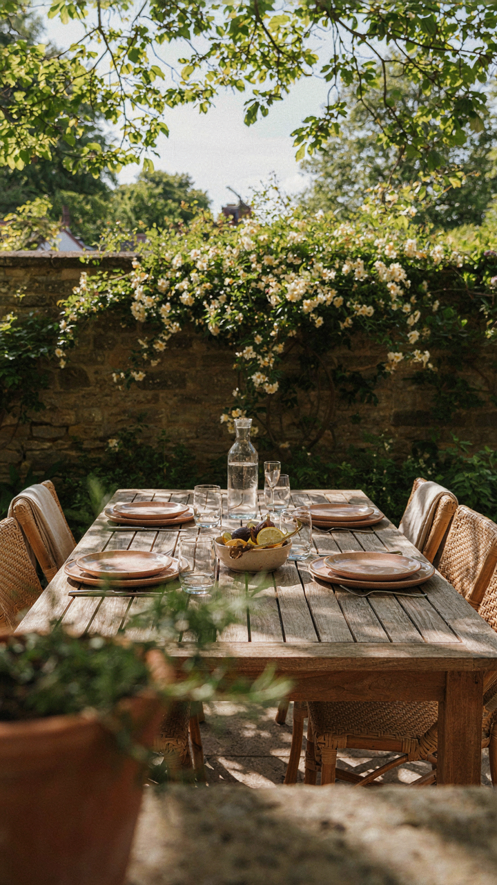 A sturdy outdoor dining table with durable place settings under sunlight.