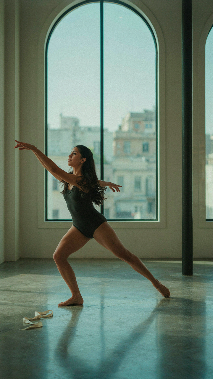 A dancer moves gracefully through a large, open architectural space.