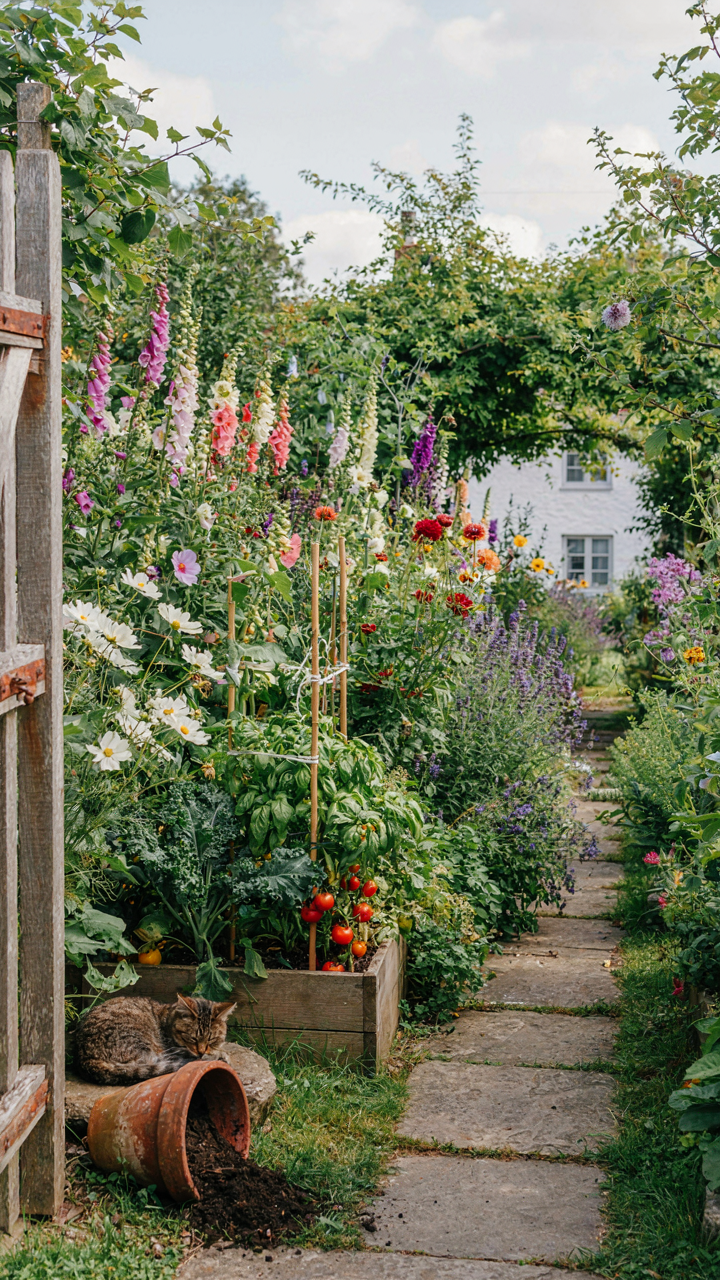 A thriving, slightly wild cottage garden with various flowers and plants.