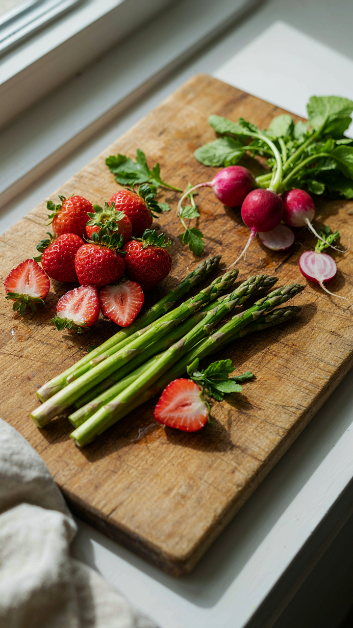 Fresh seasonal produce like strawberries, asparagus, and radishes on a wood board.