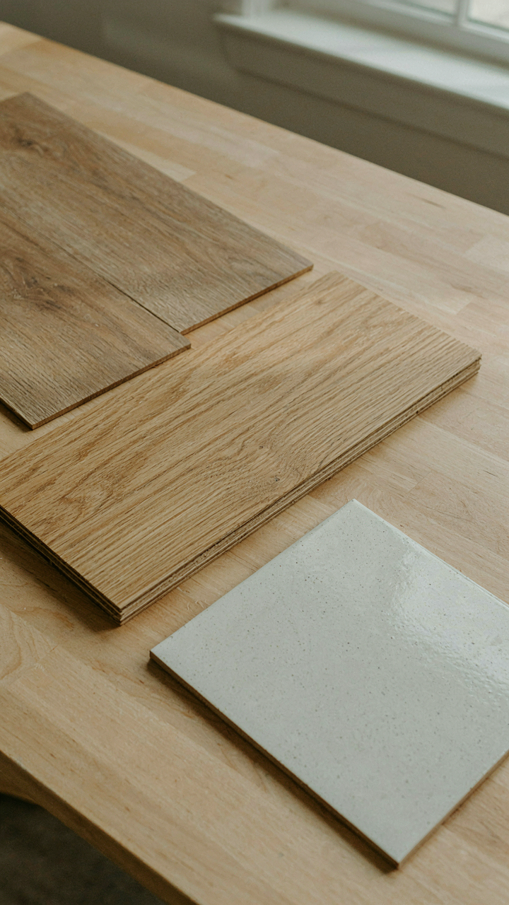 Samples of luxury vinyl, engineered wood, and ceramic tile flooring.