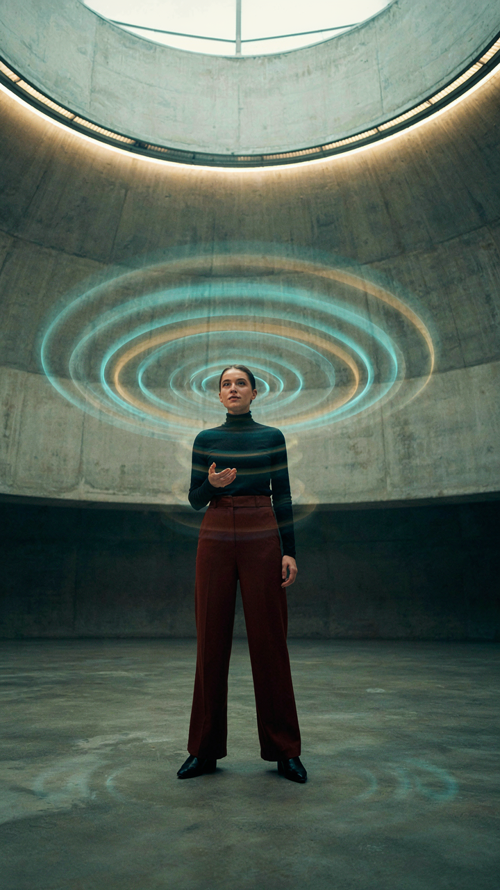 A person stands in an echo chamber with visible sound waves.