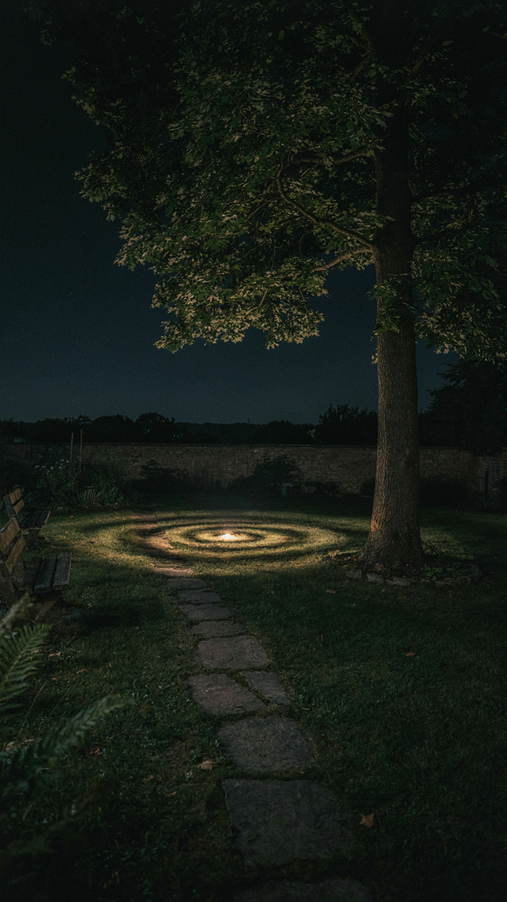 Light ripples spread out in a dark backyard like sound waves from a central point.