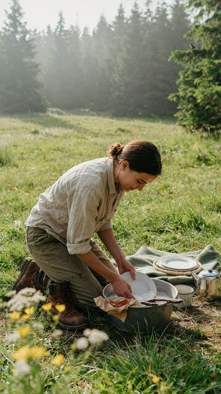 A person washes dishes outdoors using biodegradable soap in a portable basin.