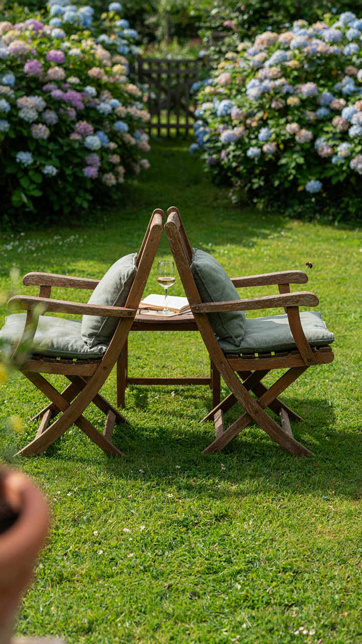 Two garden chairs are placed close together on a green lawn.