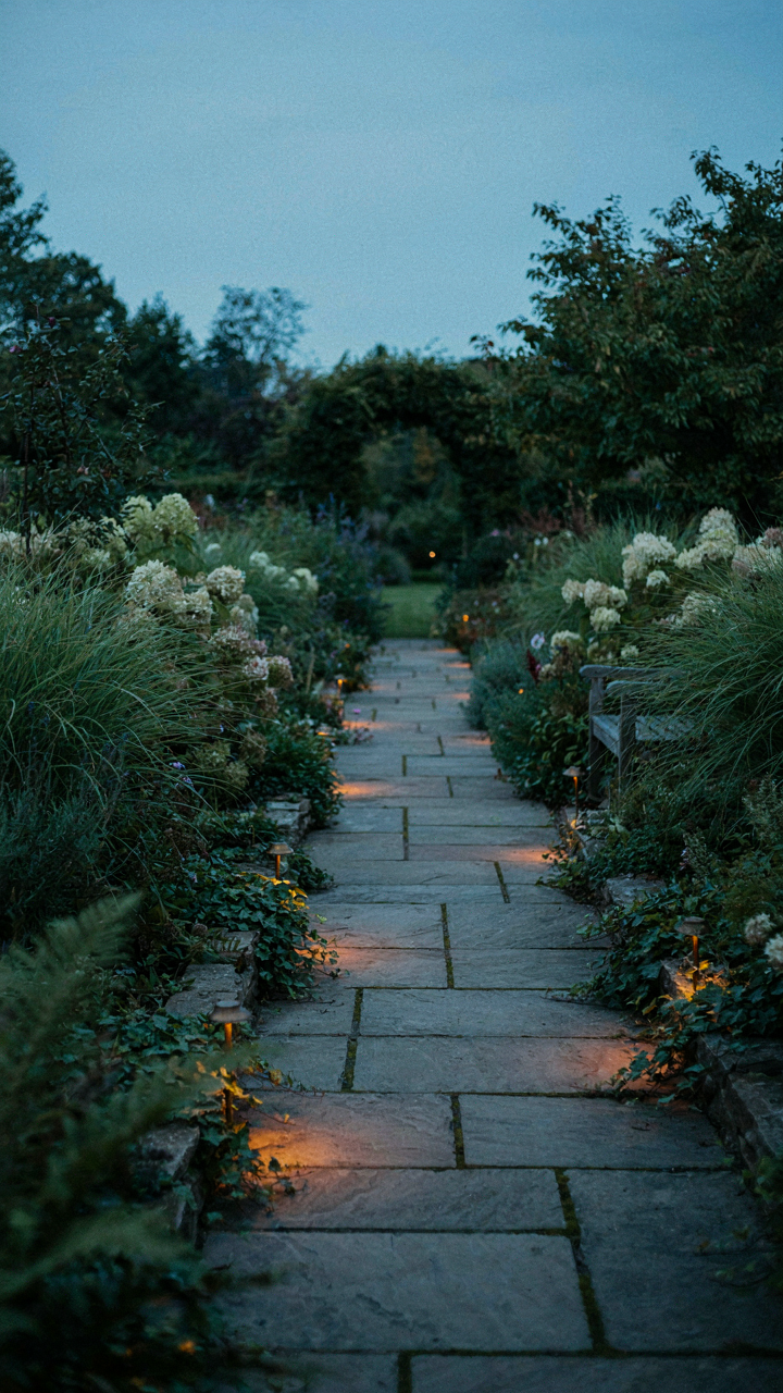 Path lights illuminate a garden walkway without attracting insects.