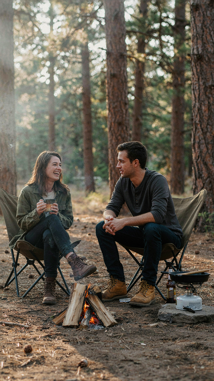 Two people relax by a campfire, enjoying each other's company during a backyard campout.