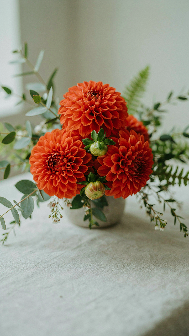 A small floral arrangement features bright orange dahlias.