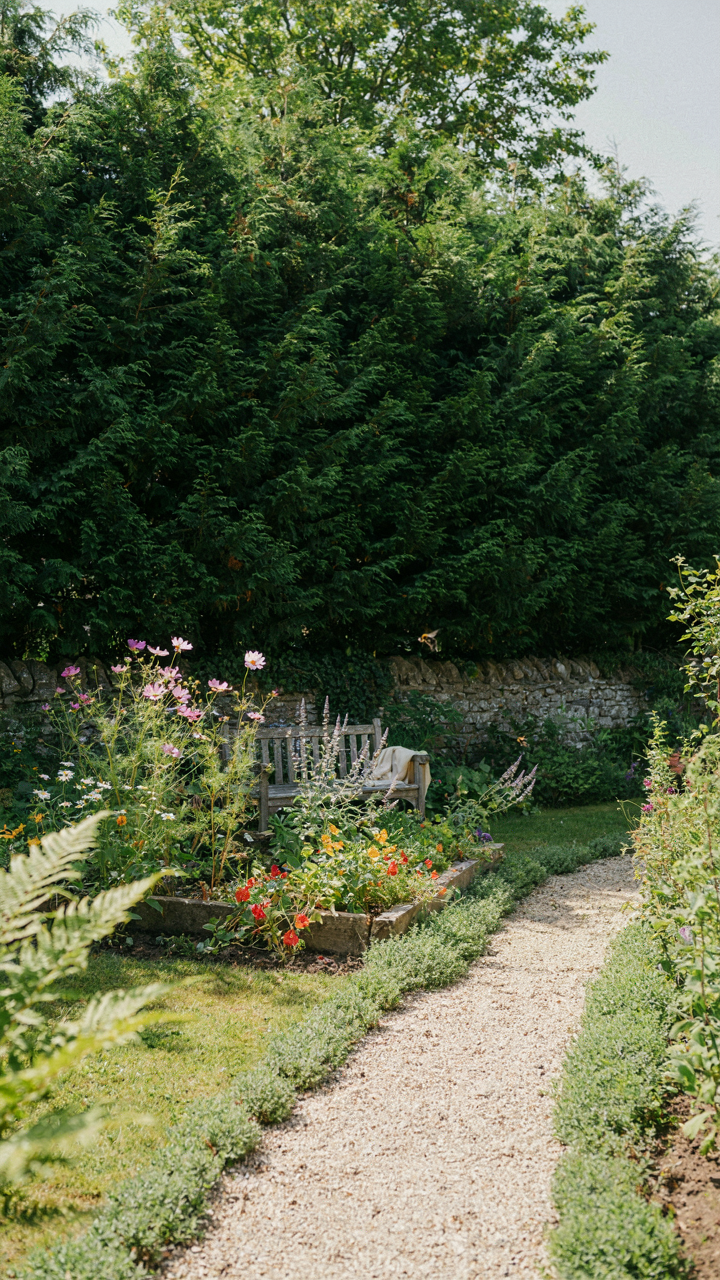 Tall green trees form a wall protecting a small flower garden from wind.