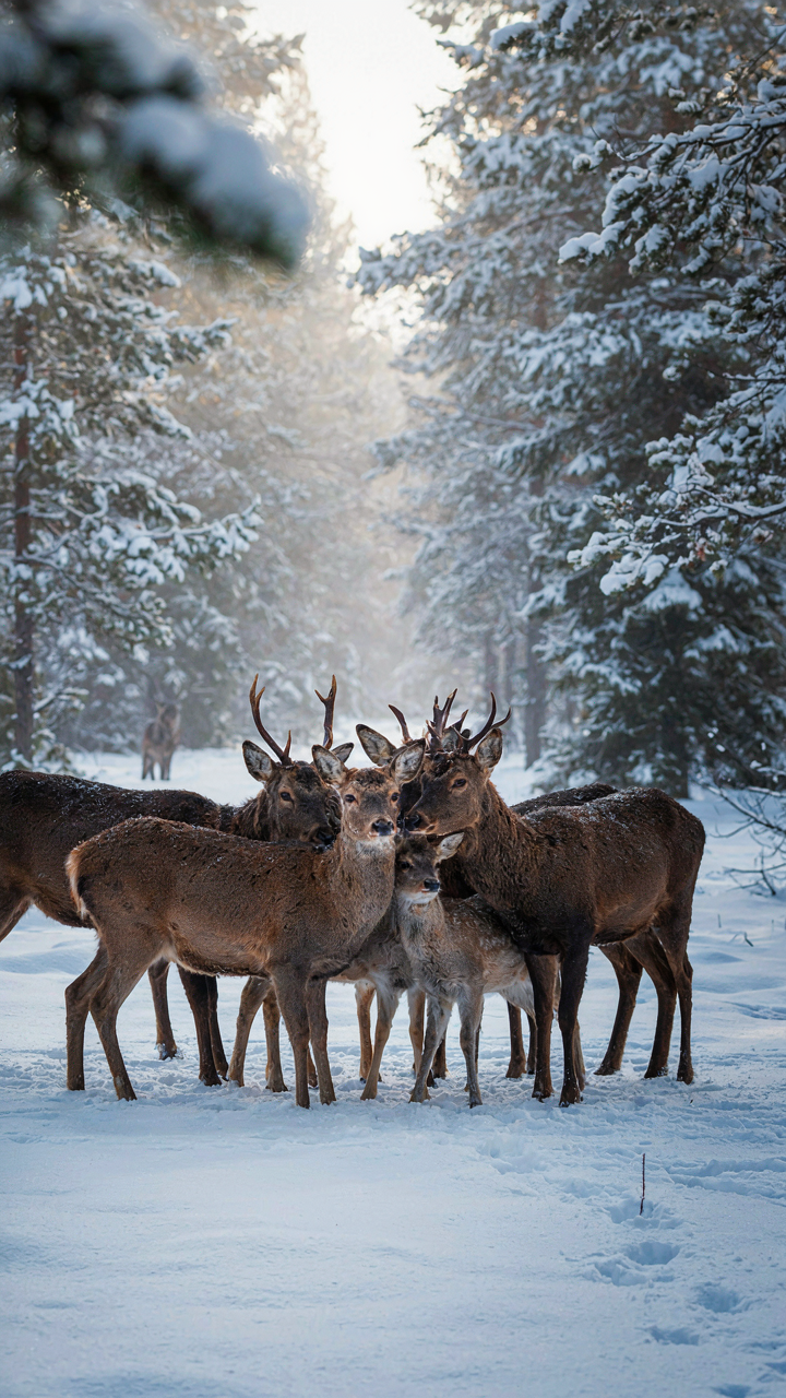 Deer huddle together for warmth in a snowy forest.