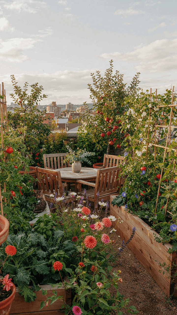A colorful urban garden with plants and outdoor seating clusters.