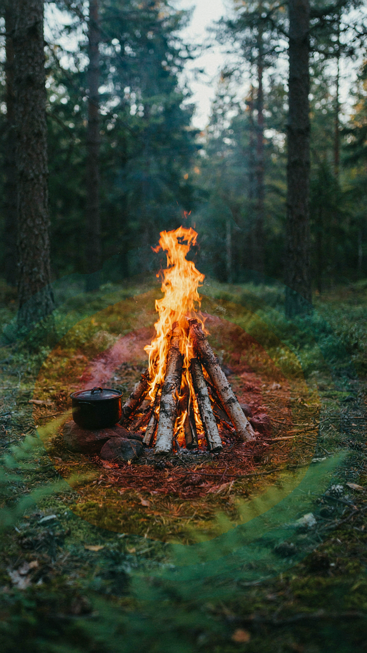 A heat map overlay shows heat transfer around a campfire with a cooking pot.