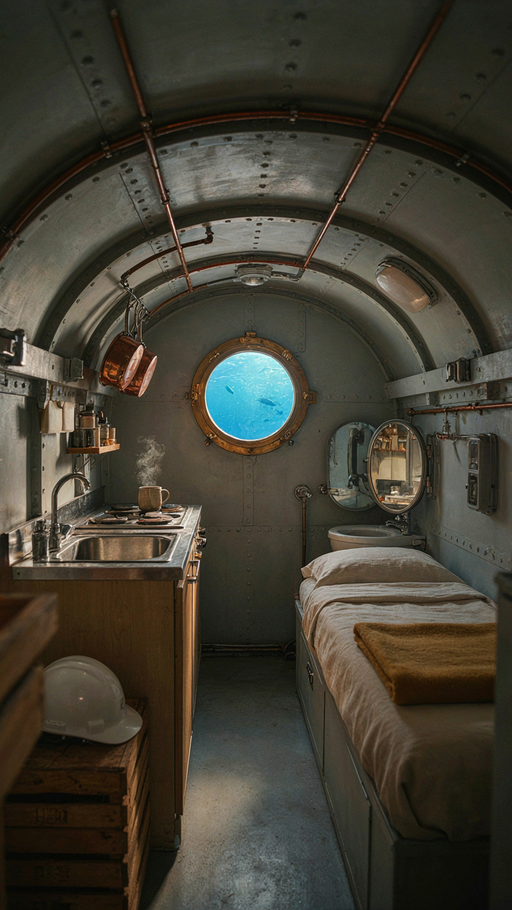A submarine interior shows tightly packed equipment in small living quarters.