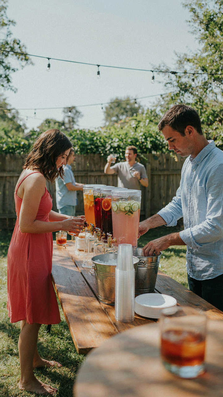 A self-serve drink station with beverages, ice, and glasses at a party.