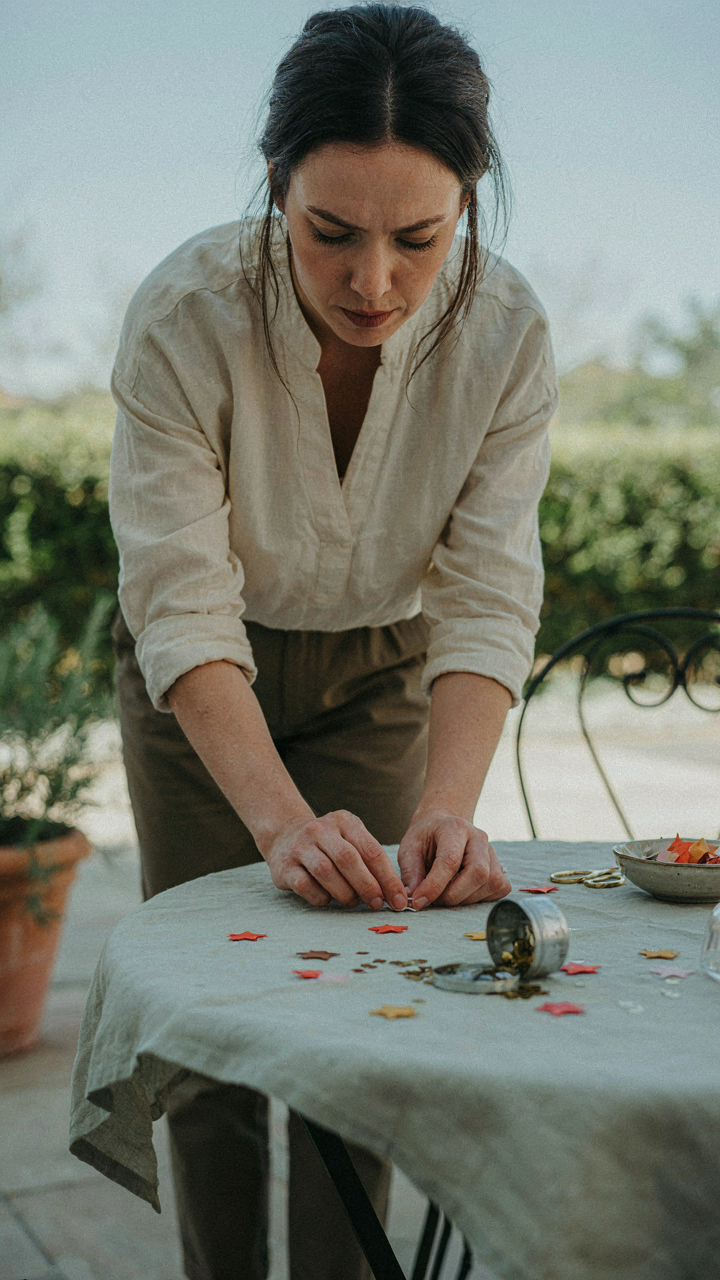 A person carefully arranging small decorations on an outdoor table.
