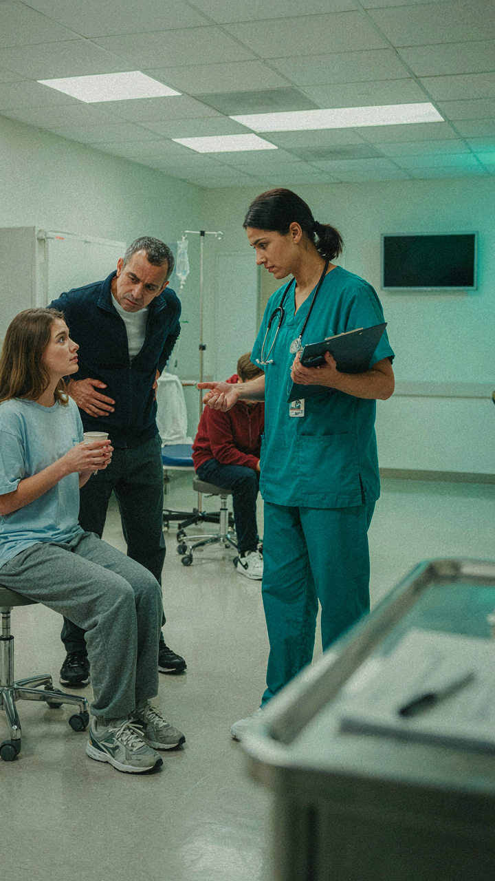 A triage nurse quickly assesses three patients in a busy emergency room.