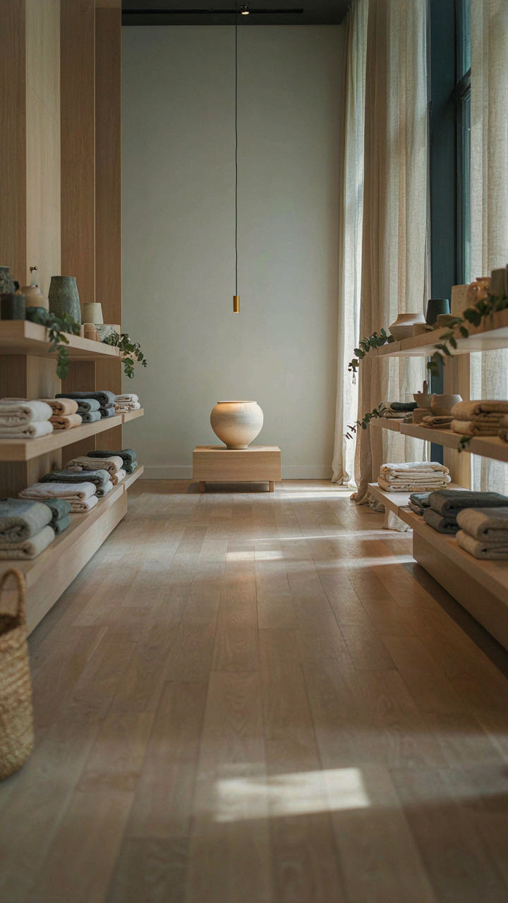 A clear path in a store leads to one product display.