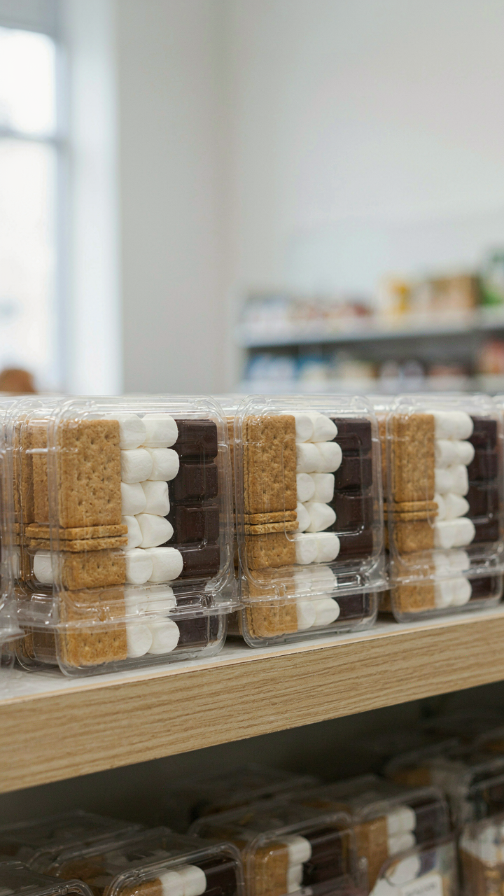 Pre-packaged s'mores kits are arranged on a store shelf.