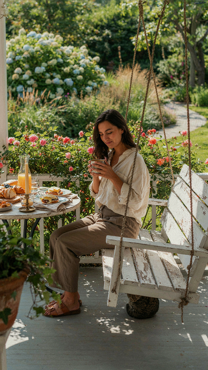 A relaxed woman sips coffee on a porch swing with a prepared brunch table nearby.