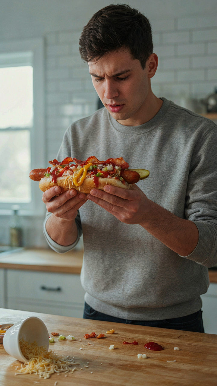 A person struggling to put together an overstuffed hot dog with many toppings.
