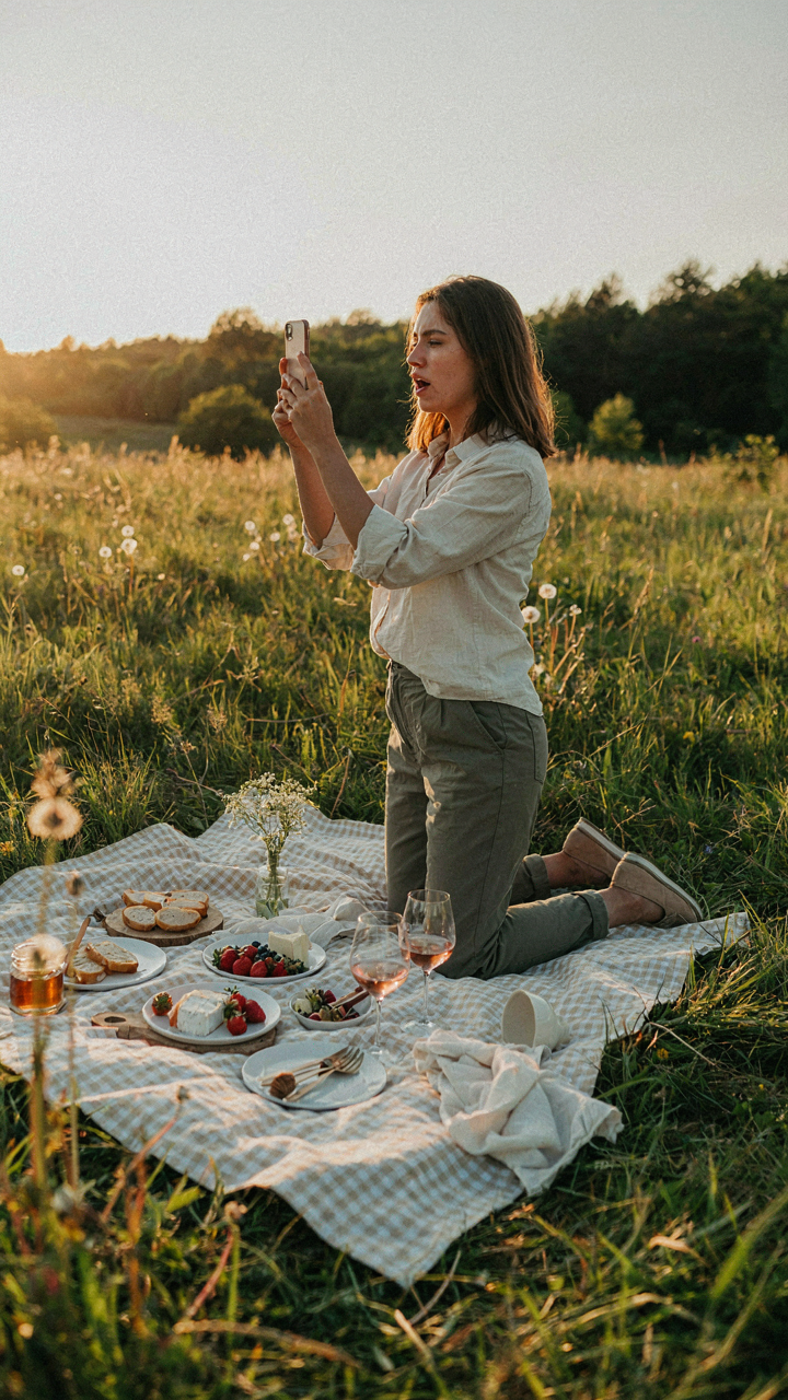 A person struggling to get the perfect photo of a too-perfect picnic spread.