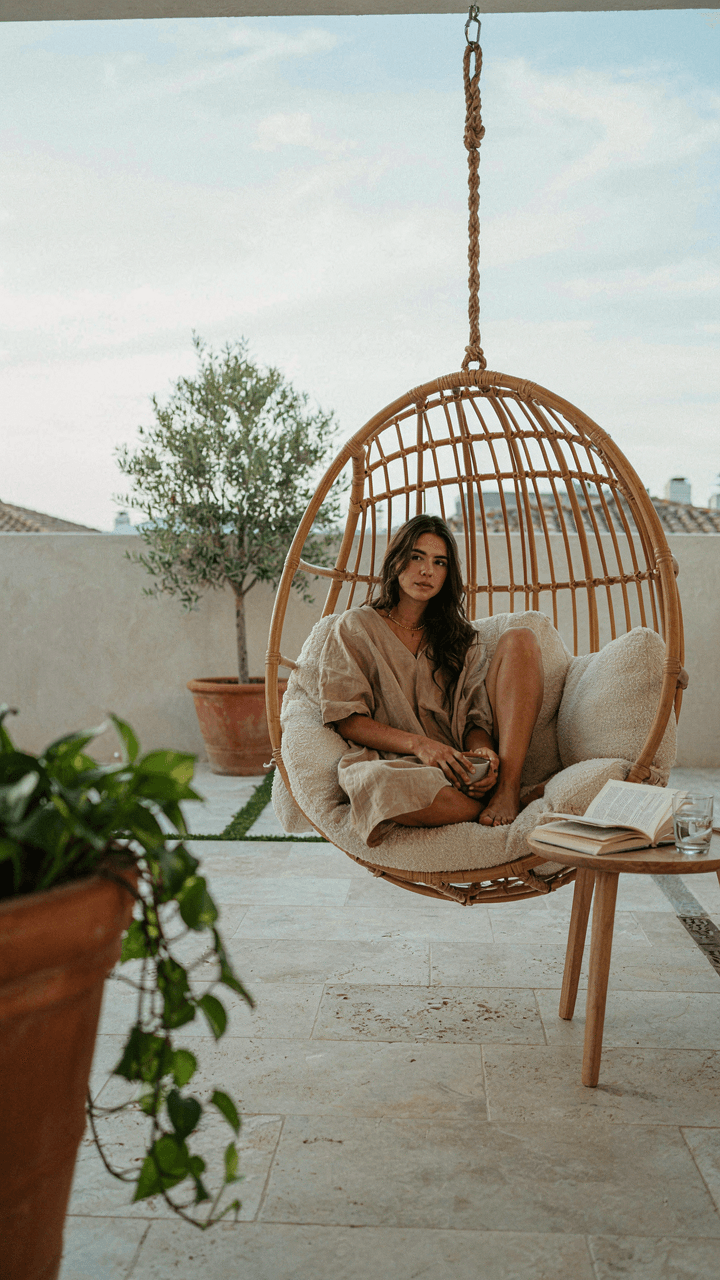 A person relaxing alone in a curved hanging egg chair on a quiet patio.