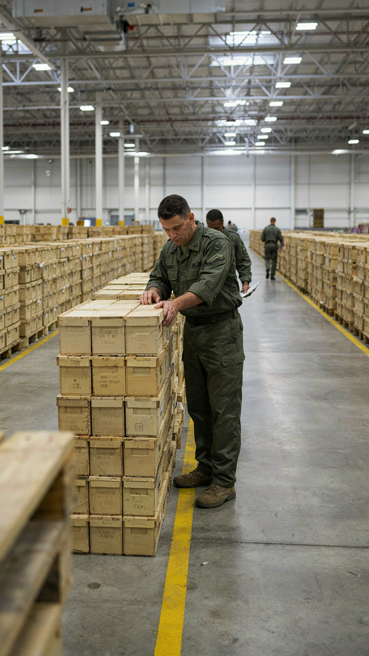 A military officer carefully arranges supply crates in a vast and organized warehouse.