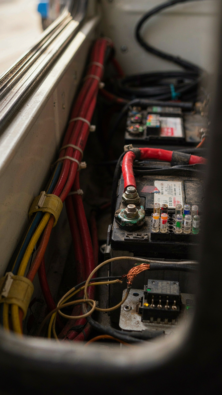 A tangled and complex electrical wiring system inside a school bus.