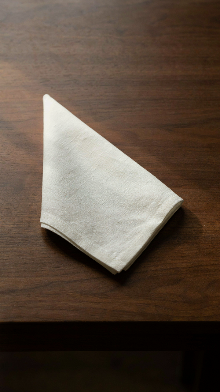 A single, crisp white linen napkin with one sharp fold sits on a dark wooden table.