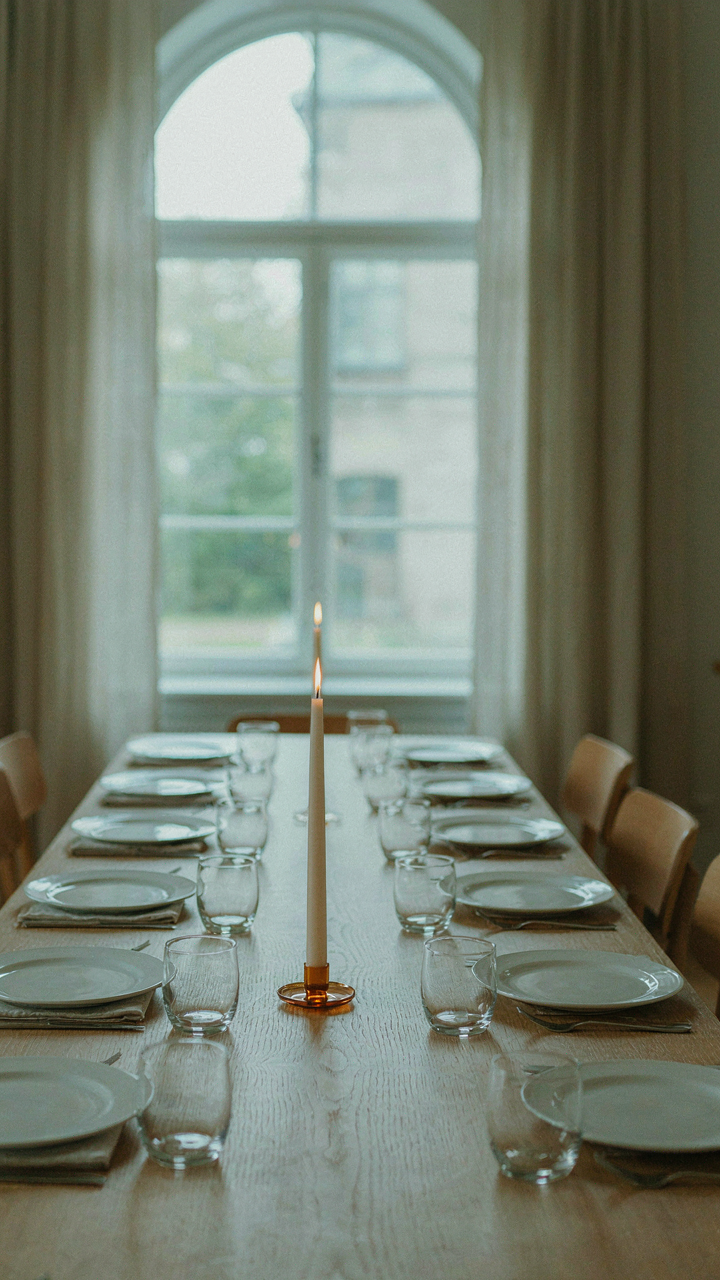 A minimalist long table dinner setup with only essential items.