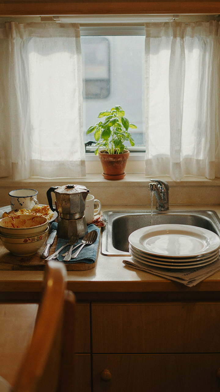 Dirty dishes pile up next to clean ones on an RV counter.