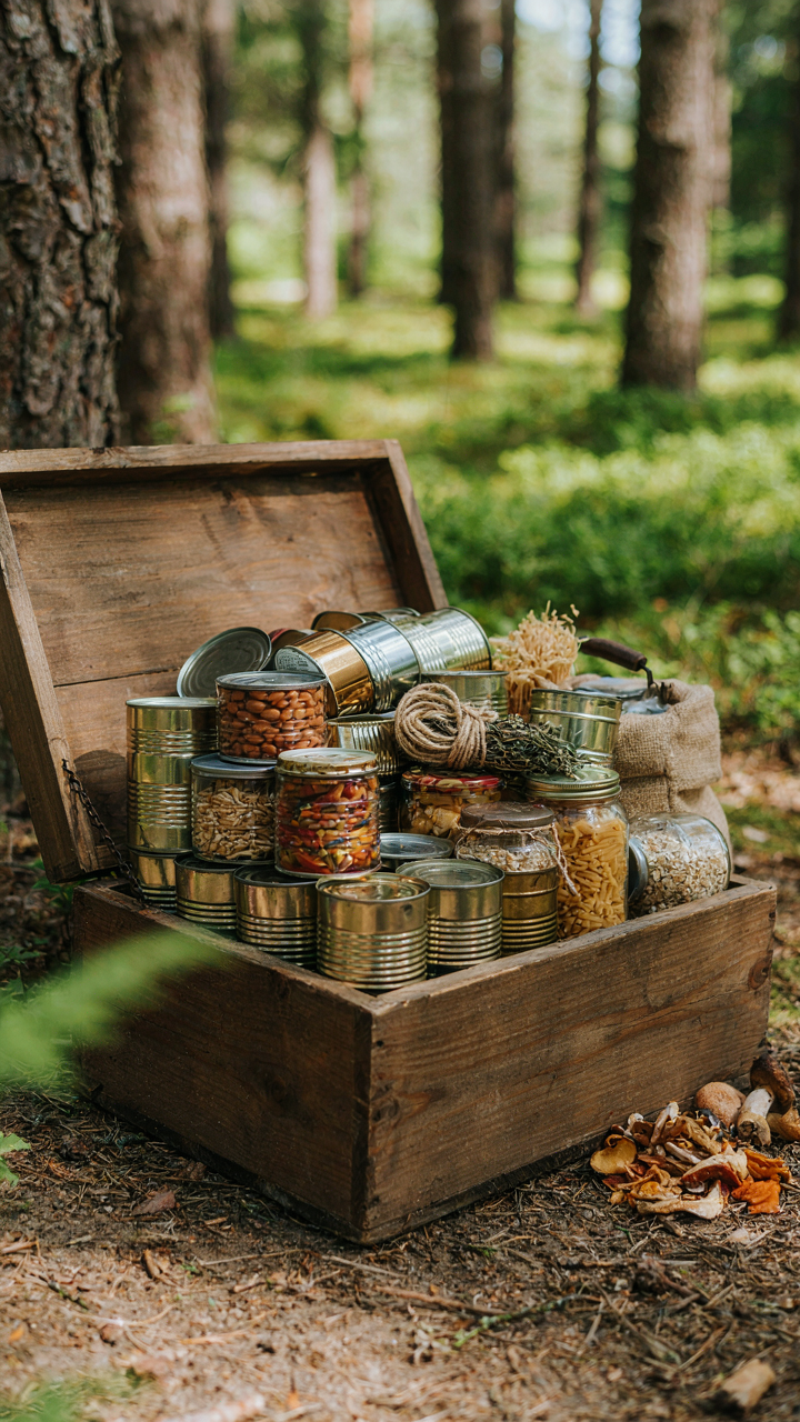 An overstuffed camp pantry box barely closes due to too many supplies.