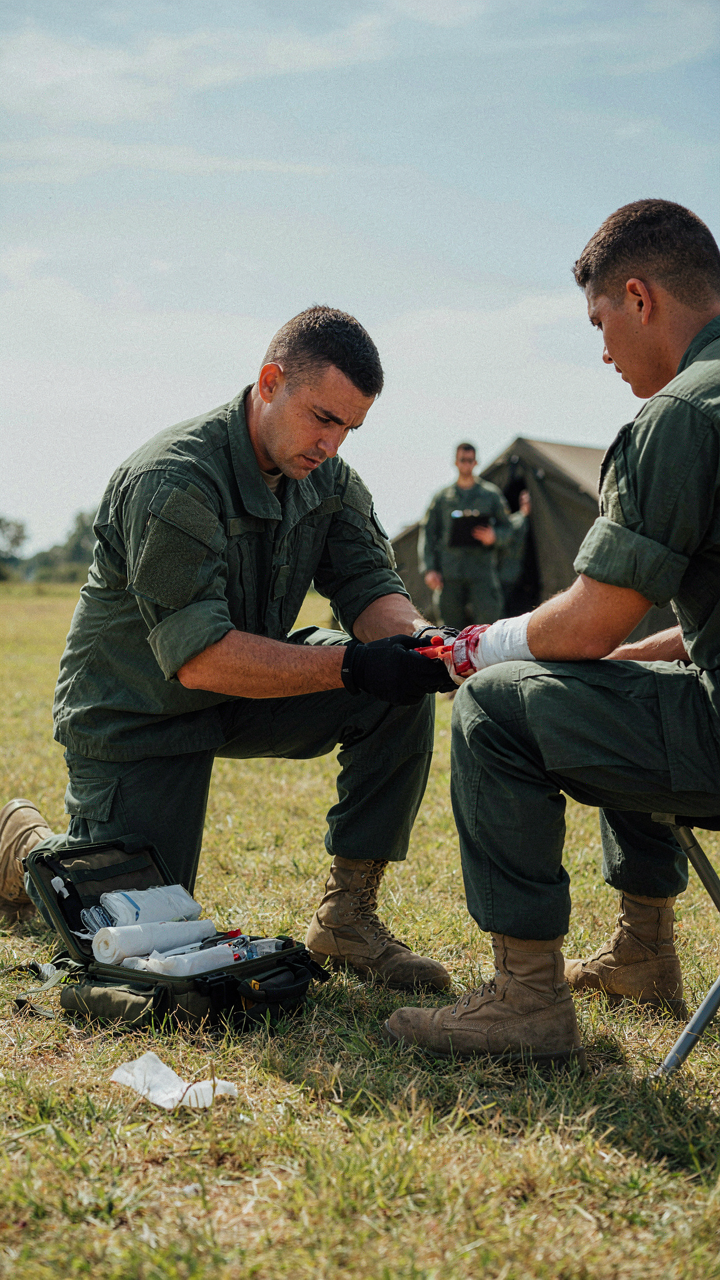 A military medic quickly applies a tourniquet to an arm during training.