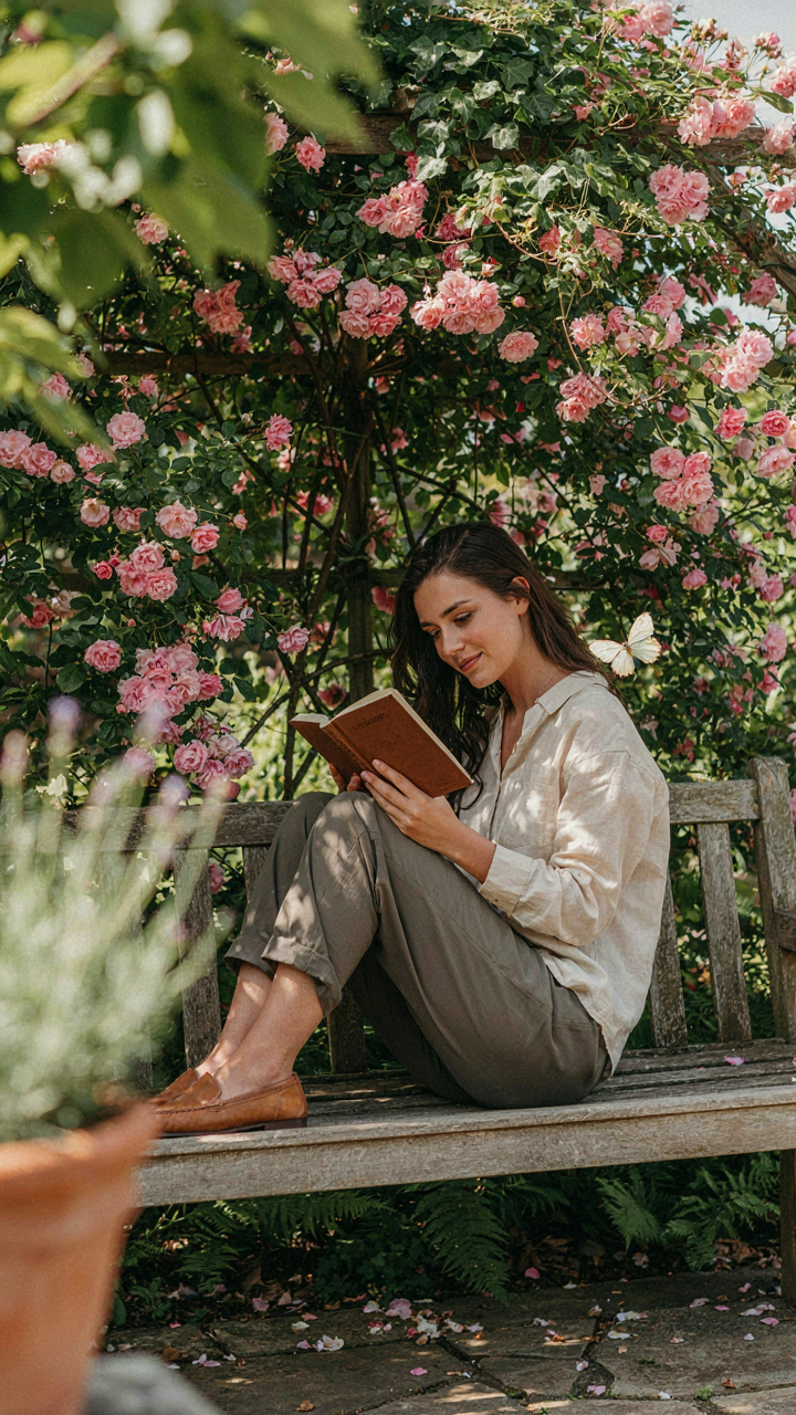 A person reading in a peaceful garden, surrounded by soft green and pink.