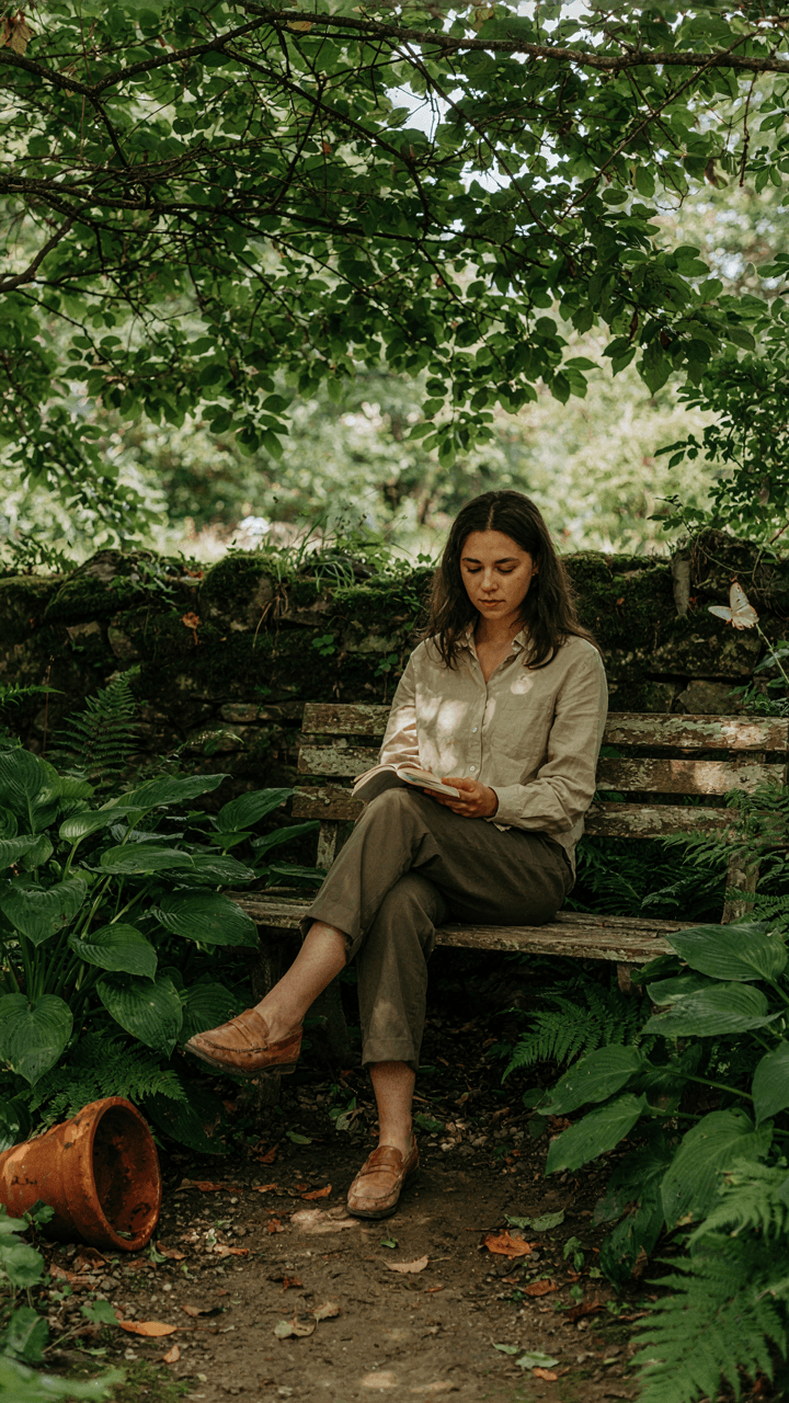 A person sits in a sheltered garden alcove with dappled light.