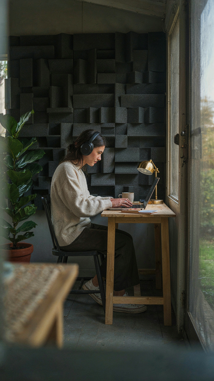 A person works on an enclosed porch with sound-dampening panels and headphones.