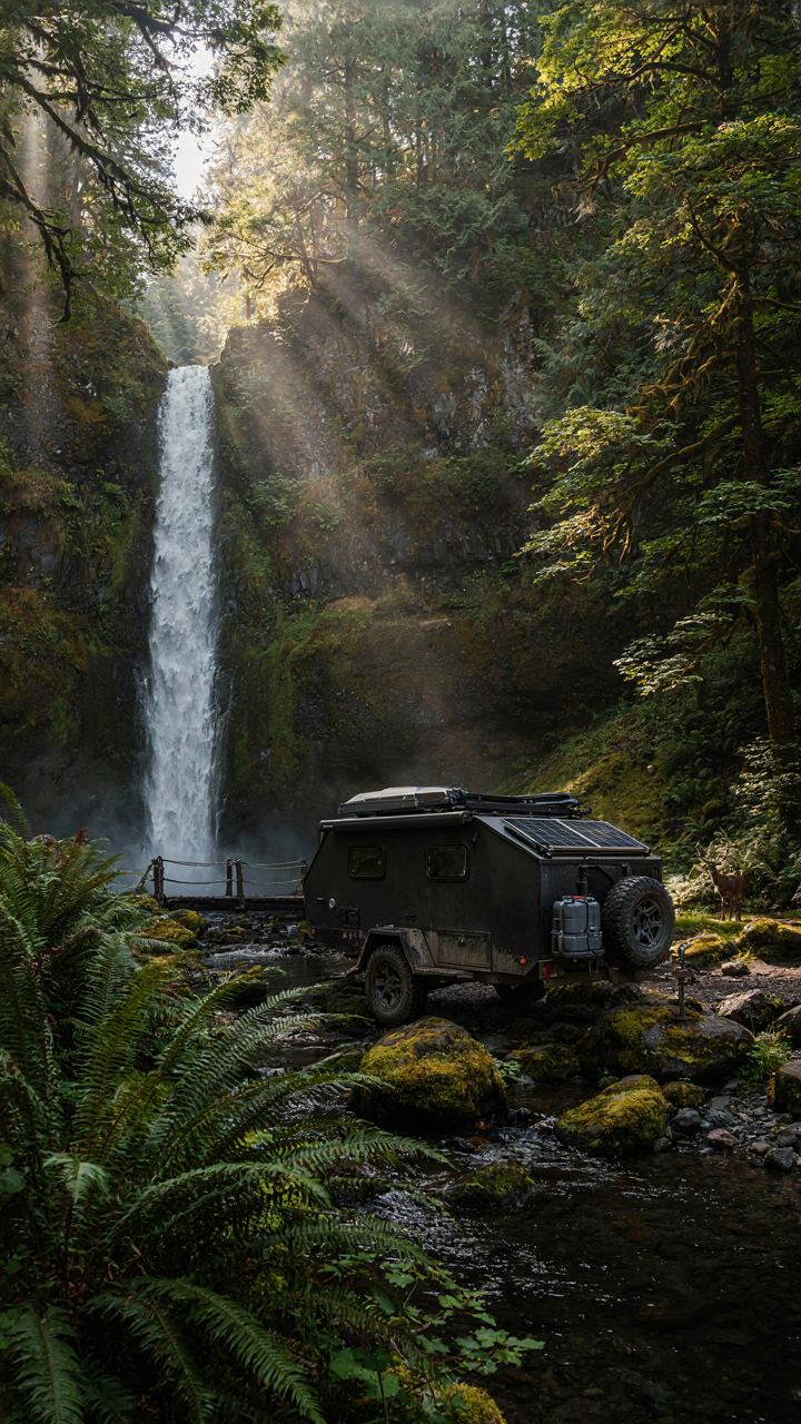 Solar panels on an overlanding trailer near a waterfall.