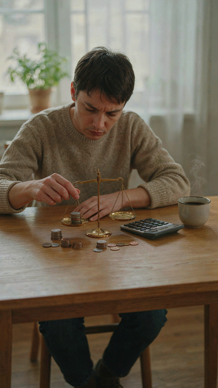 A person carefully balances coins on a scale while using a calculator.