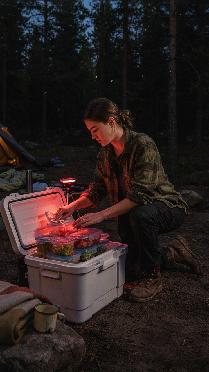 A camper wipes a cooler with vinegar, using red light to minimize bug attraction at camp.