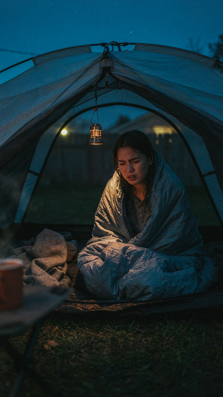 A person shivers inside a sleeping bag in a tent.