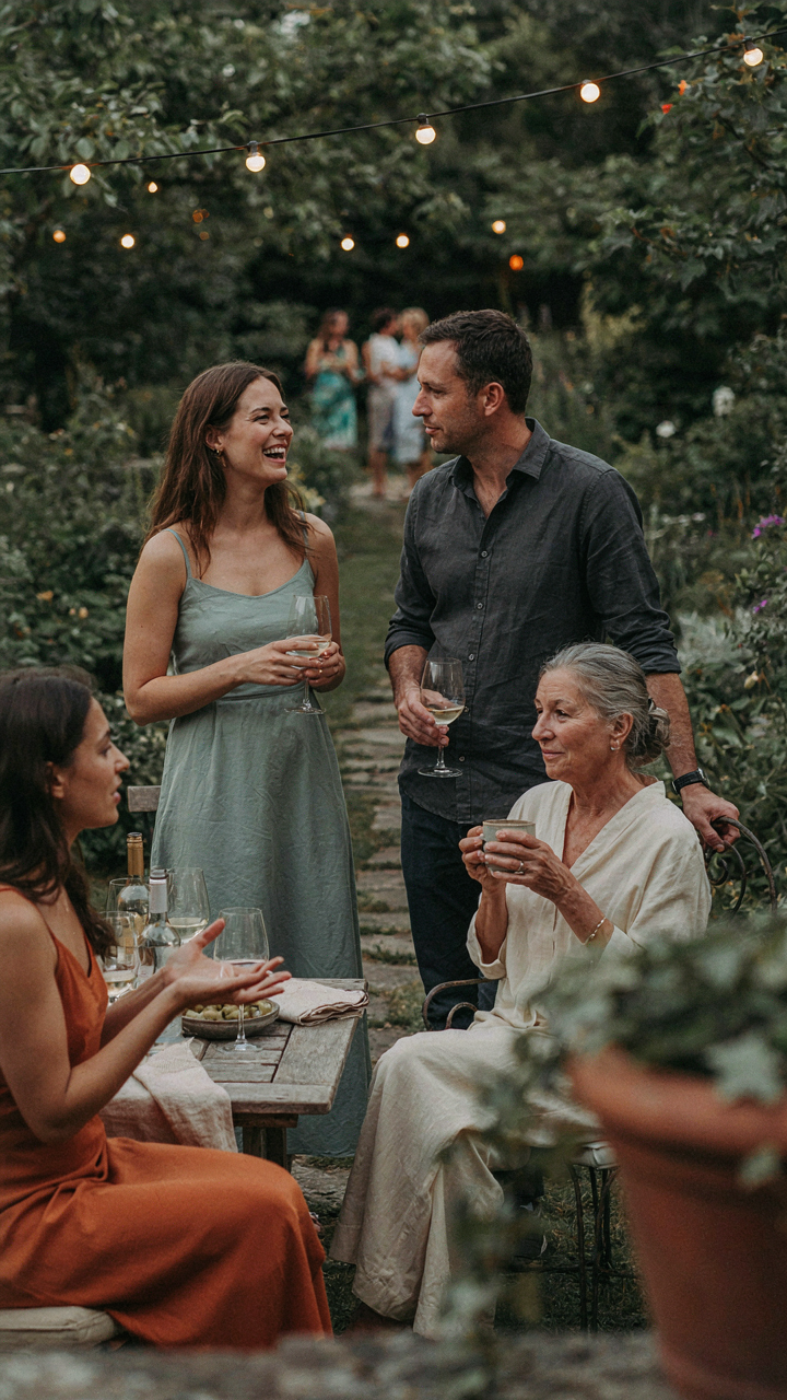 Guests at an evening garden party, softly lit, engaged in conversation.