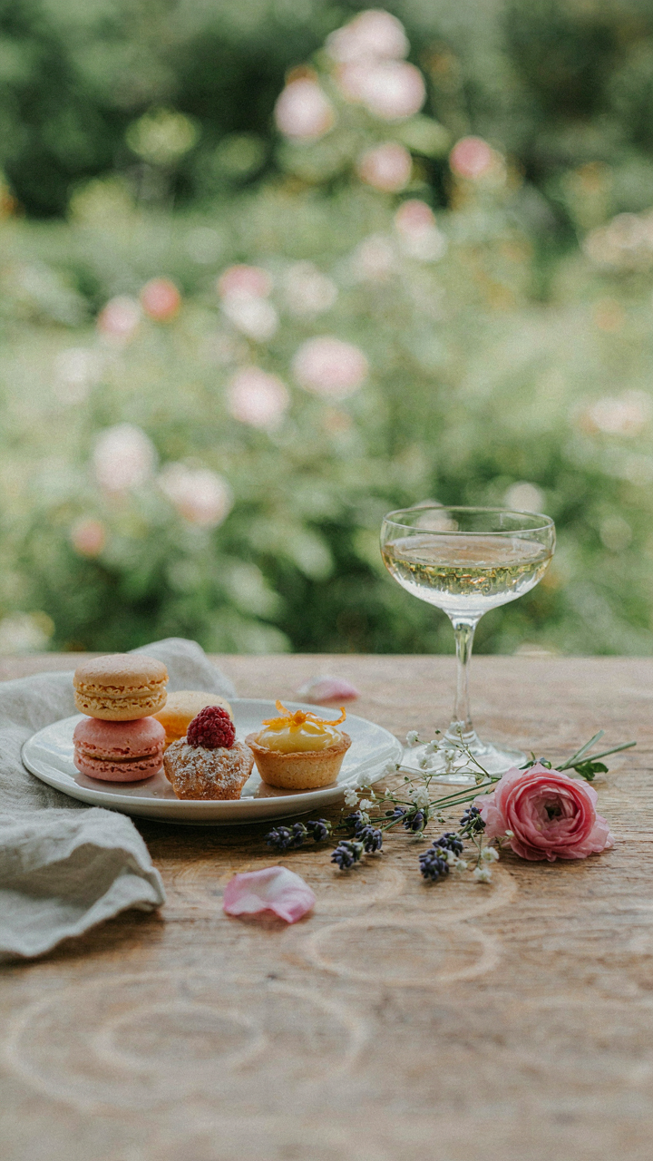 A minimalist dessert table at an english garden party, with few exquisite pastries.
