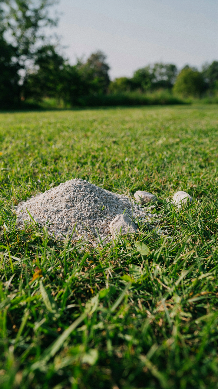 A small pile of gravel has spread onto a grassy area.