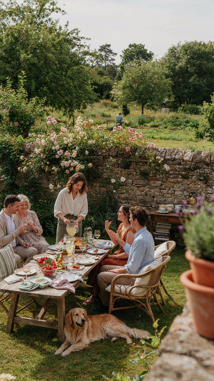 An organized yet relaxed garden party with inviting seating.