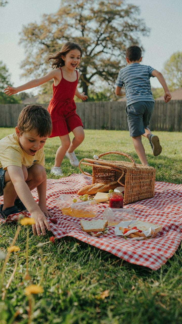 A chaotic picnic scene with scattered food and running children.