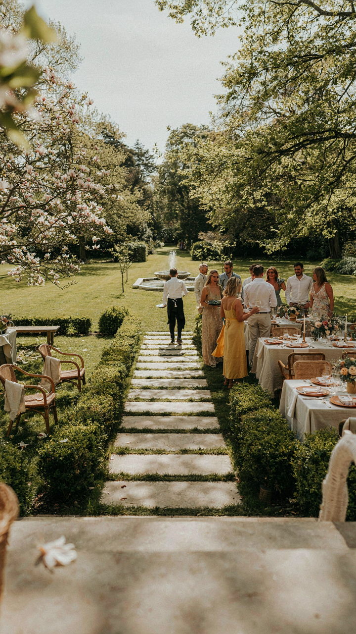 A stone pathway guides guests through a beautifully arranged backyard party.