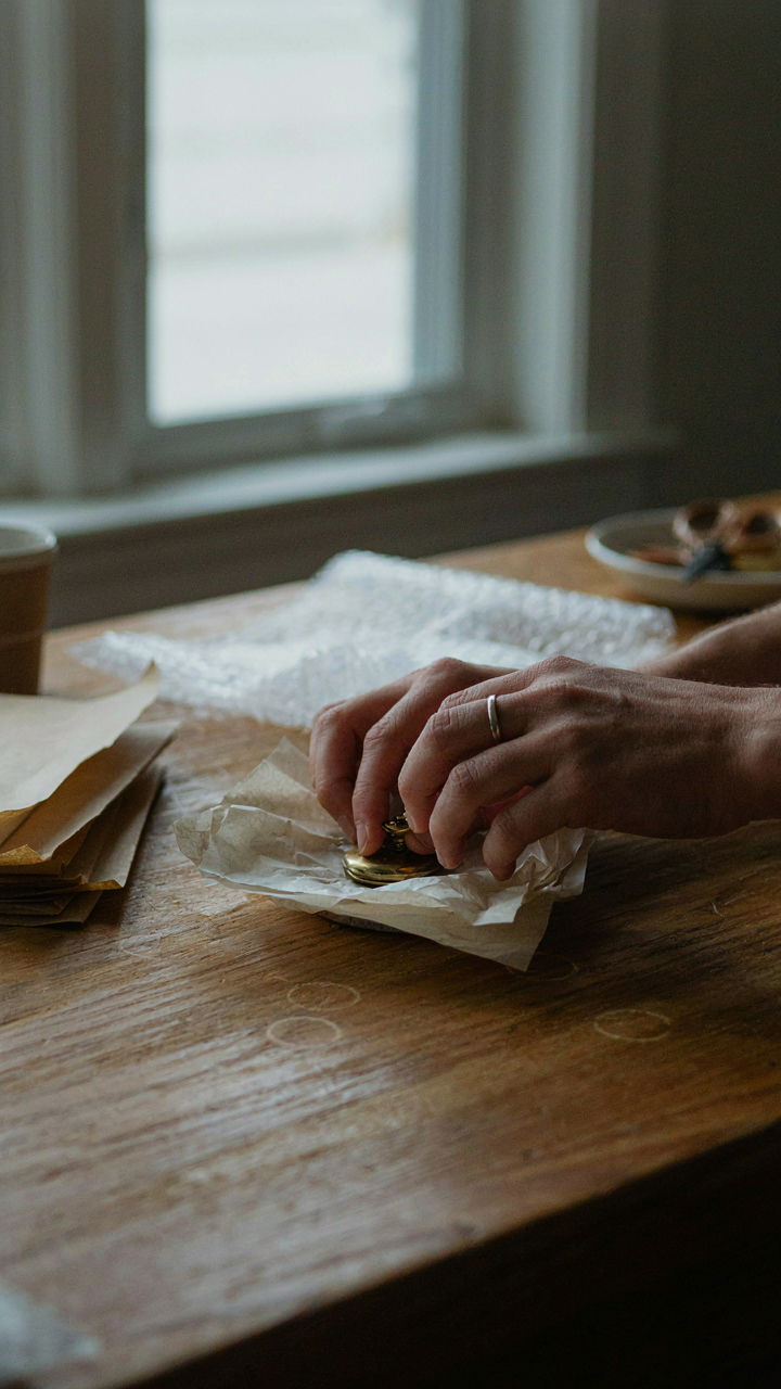 A person wraps a precious object in many protective layers.