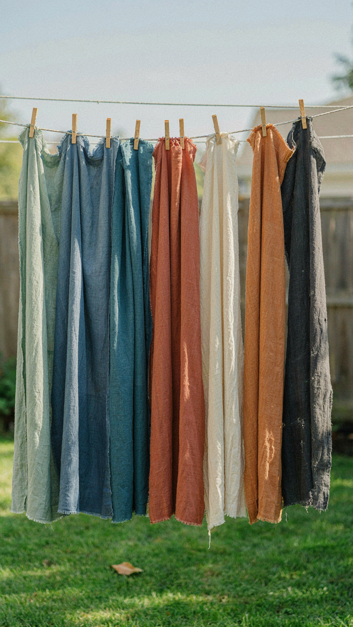 Fabric swatches, some faded and some new, hang outdoors.