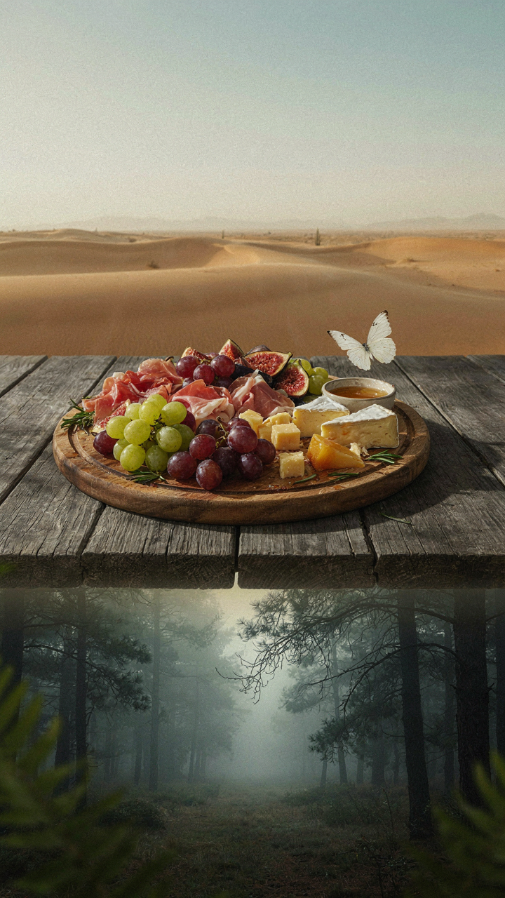 A melting charcuterie board sits on a picnic table, in overlapping climate zones.