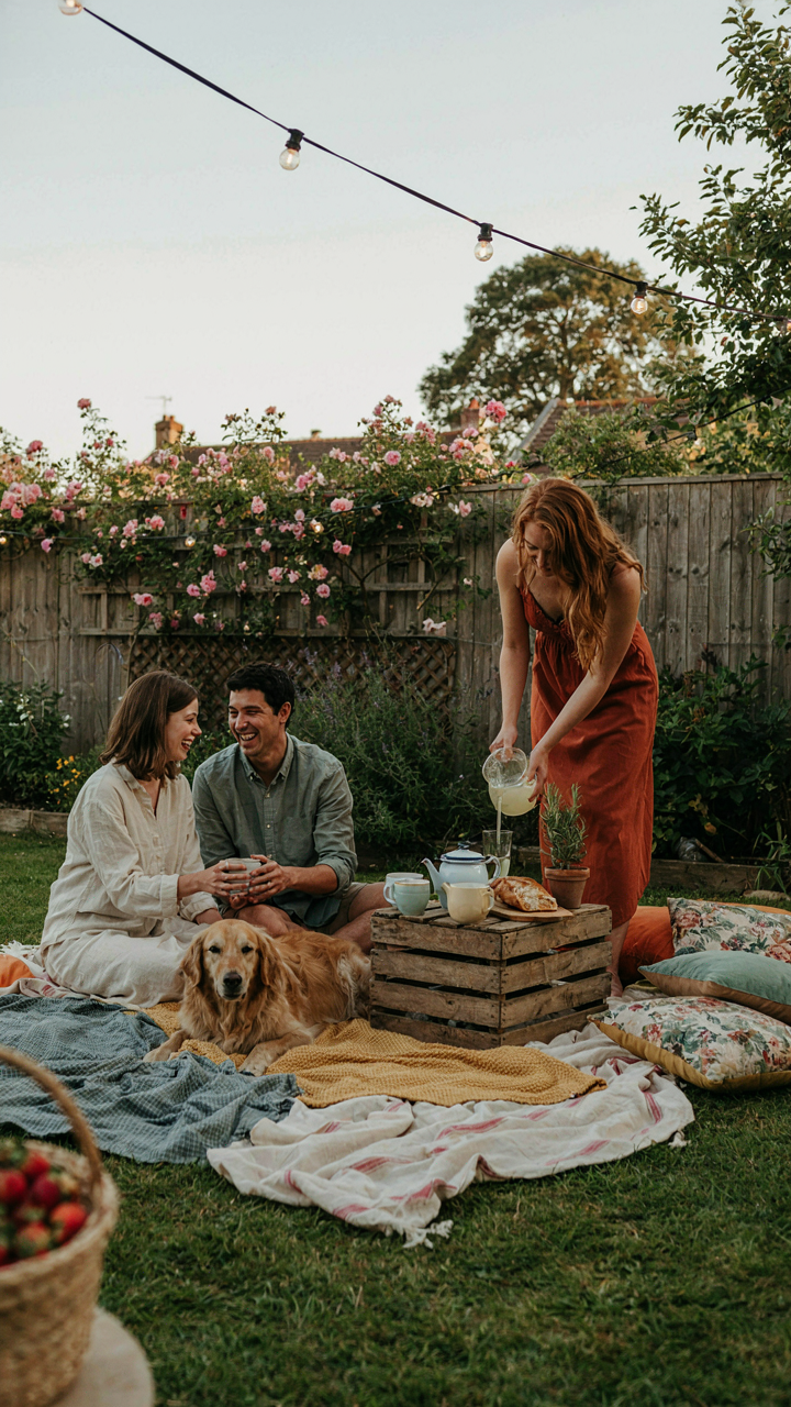 A charming garden party with simple, mismatched, cozy seating.